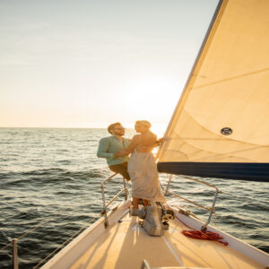 Catamarán de lujo navegando al atardecer en la Bahía de Banderas durante el tour Luxury Sunset de Vallarta Adventures